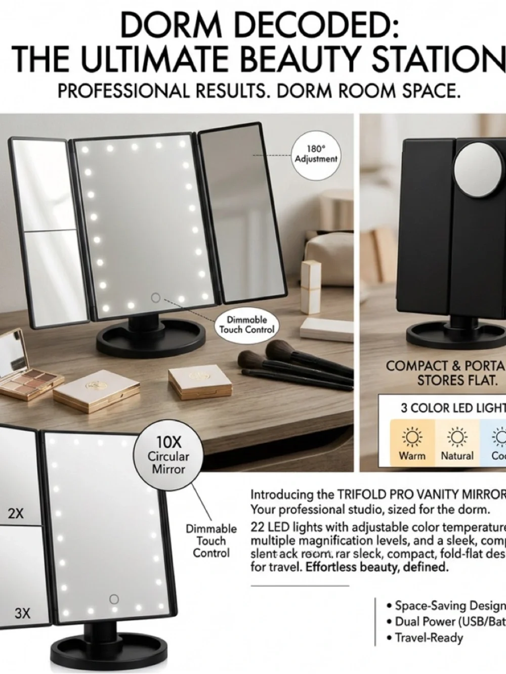 Trifold Pro Vanity Mirror with LED Lights - Black